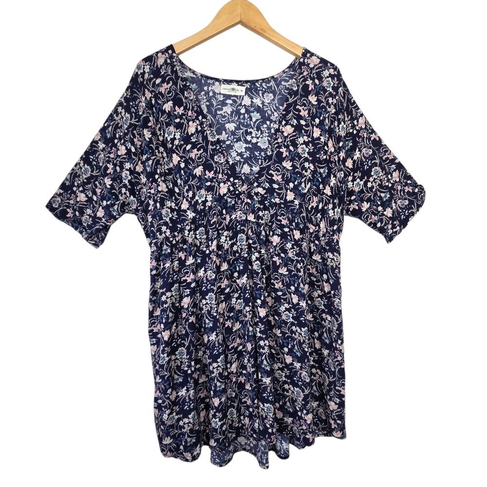 Natural Life Navy Blue Floral Rayon Boho Mini Dress Size Medium Flowy Cottage